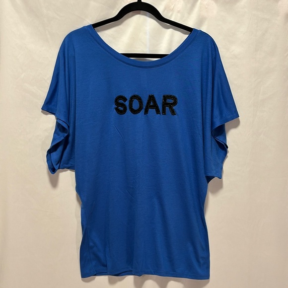 “SOAR” Black Sequined, Royal Blue, Wide Neck, Short Sleeve Dolman Shirt - Picture 1 of 5